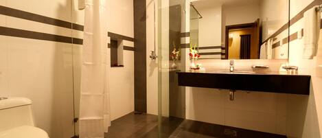 A modern bathroom with a glass-enclosed shower, a white toilet, and a black vanity with a mirror.