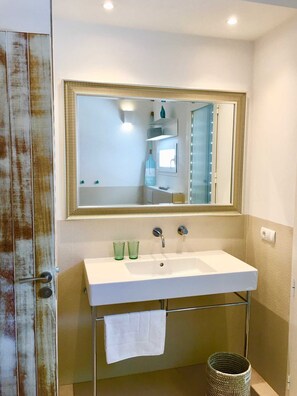 Shower, hair dryer, bidet, towels