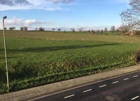Paisaje rural con una carretera pavimentada, un farol y un campo.