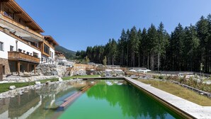 A resort with a swimming pool, wooden deck, and a forested backdrop. - Ornate Chalet in Neukirchen near Wildkogel Ski Arena (Neukirchen am Grossvenediger)