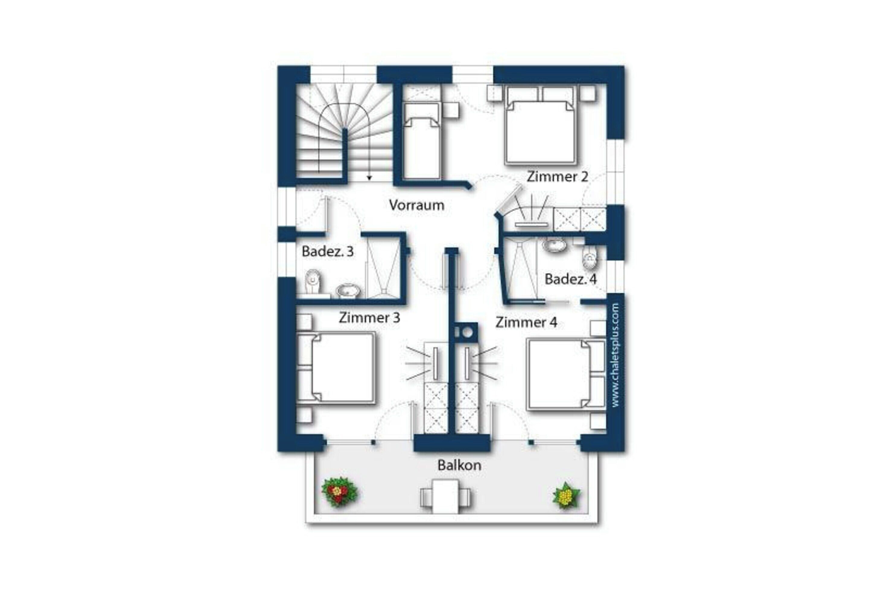 En planritning över ett hotell med fyra sovrum, en balkong, ett vardagsrum och ett köksutrymme.