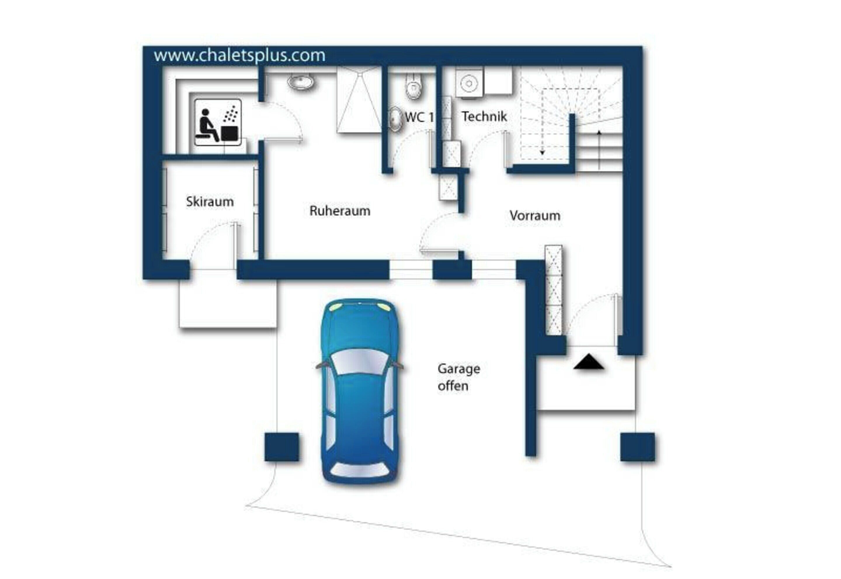 A floor plan of a hotel with labeled rooms including a Skiräum, Ruheraum, Vorraum, and Technik. A car is parked outside indicating a garage is open.