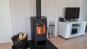 A modern living room with a wood-burning stove, a television on a stand, and a cabinet with shelves.