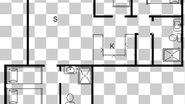 Distribución de un hotel con varias habitaciones, una cocina y un baño.