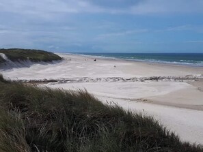 A beach with a grassy dune and a sandy shore. - Holiday Home in LÃ¸kken (Lokken)
