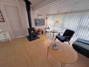 A cozy living room with a wood-burning stove, a flat-screen TV, and a comfortable seating area.