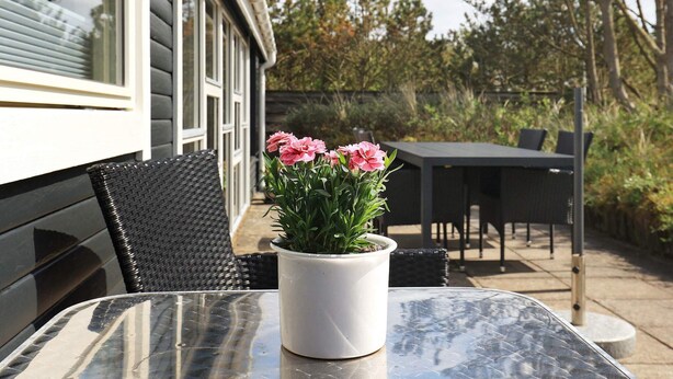 A patio area with a table, chairs, and a potted plant with flowers. - 4 Person Holiday Home in Thisted (Thisted)