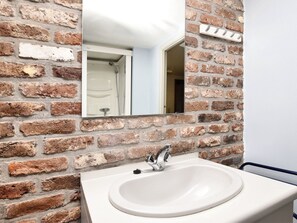 A bathroom with a white sink, a mirror, and a brick wall.