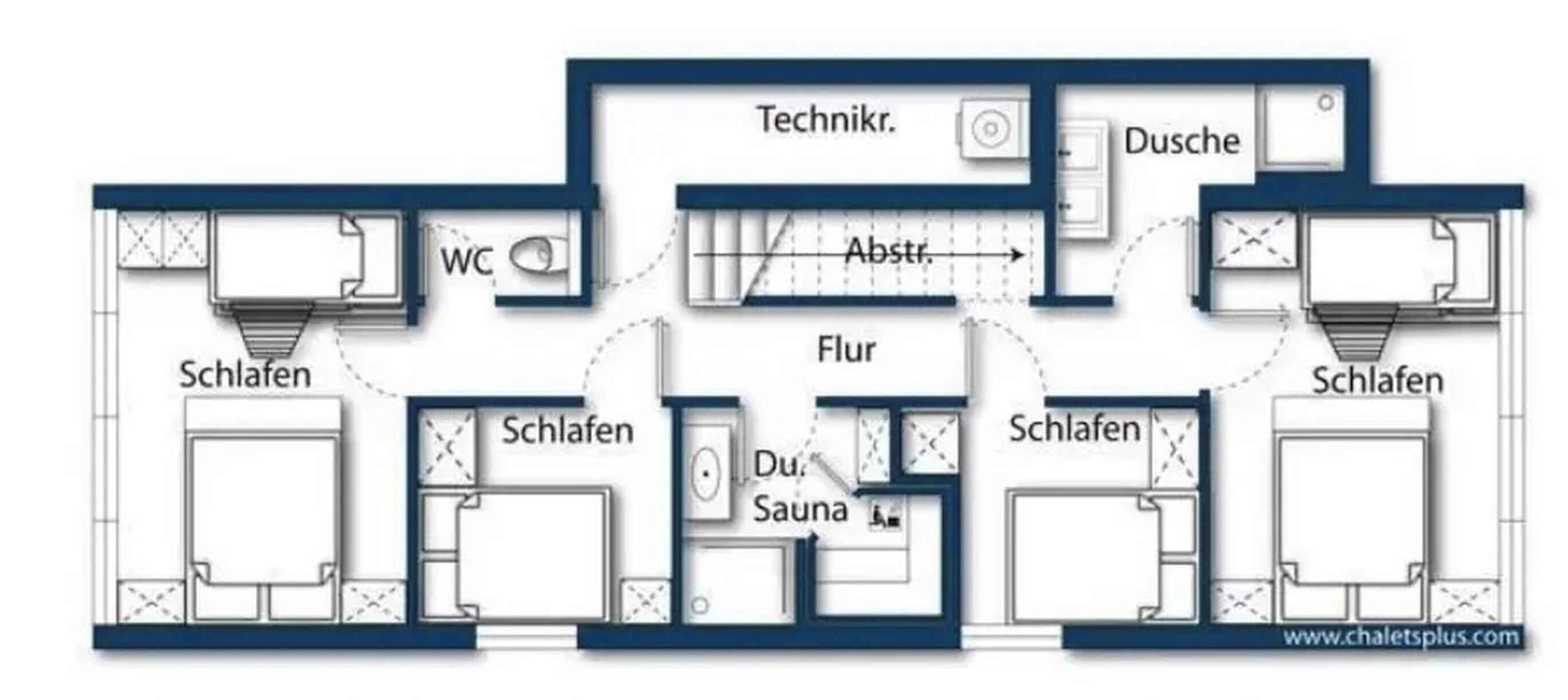 A floor plan of a hotel with multiple ensuite bathrooms, a sauna, and a separate room labeled 'Technikr.'