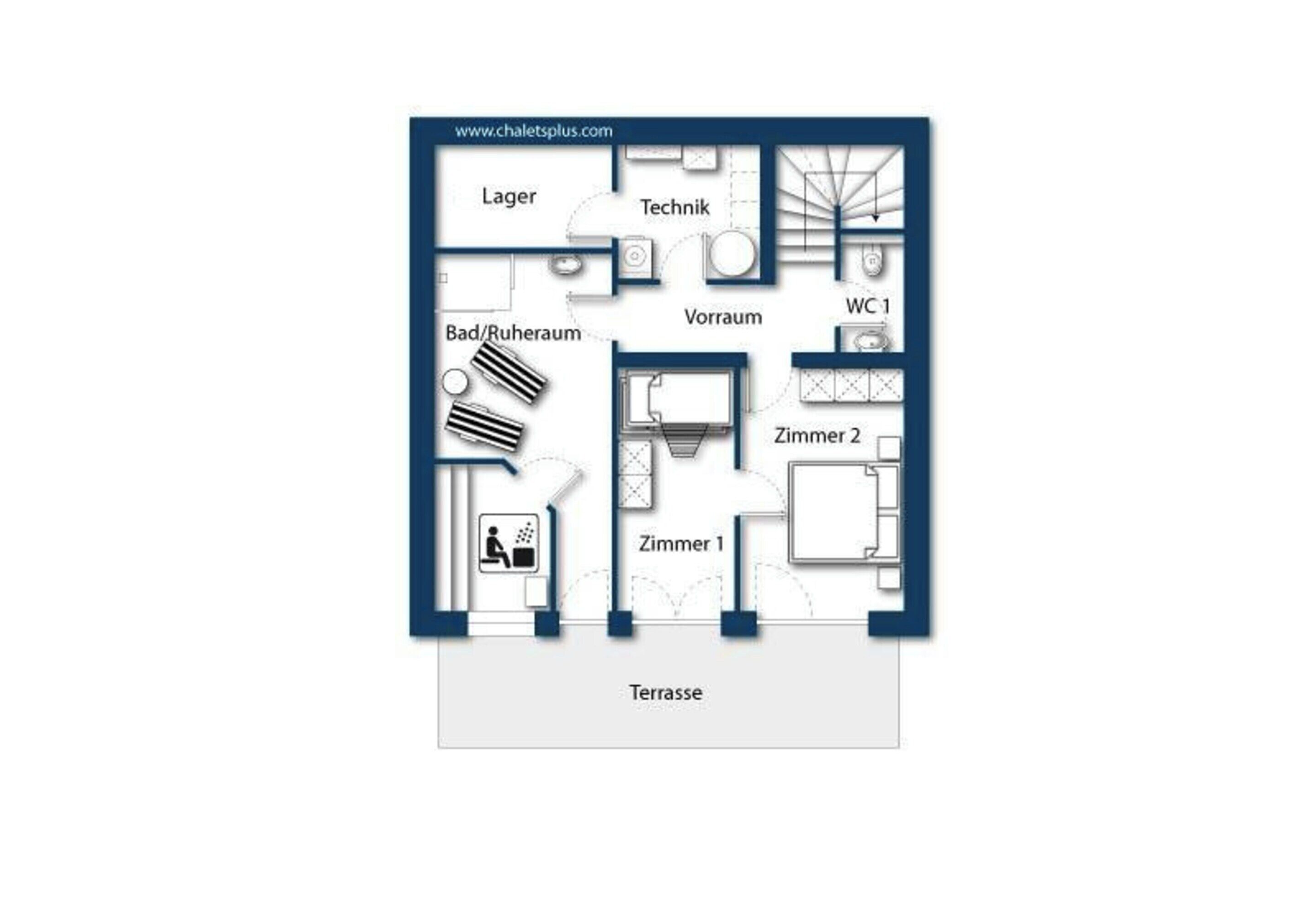 Un plan d’étage d’une chambre d’hôtel comprenant un espace de vie, deux chambres, une salle de bain, une cuisine et une terrasse.