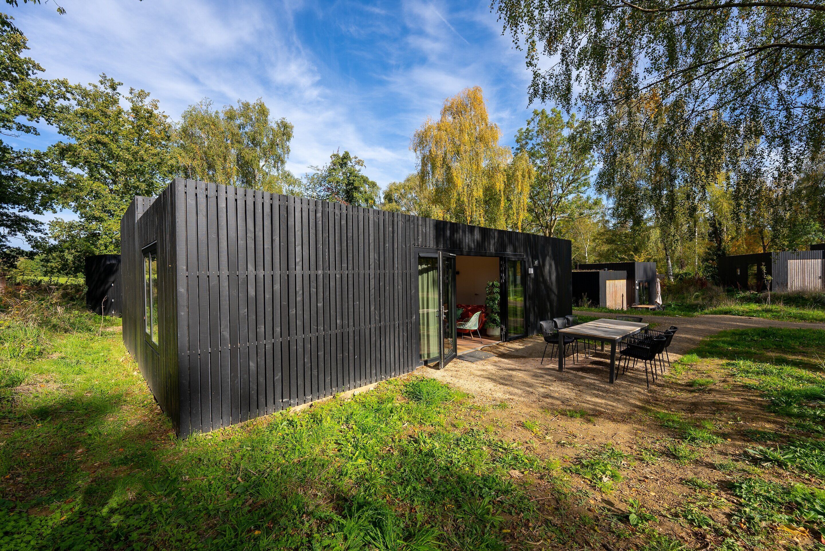 A modern wooden cabin with a patio area and a dining table.