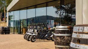 A modern building with large glass windows reflecting the surrounding landscape. In front, there are several bicycles parked next to large barrels. - Detached Lodge Near Maastricht (Gulpen)