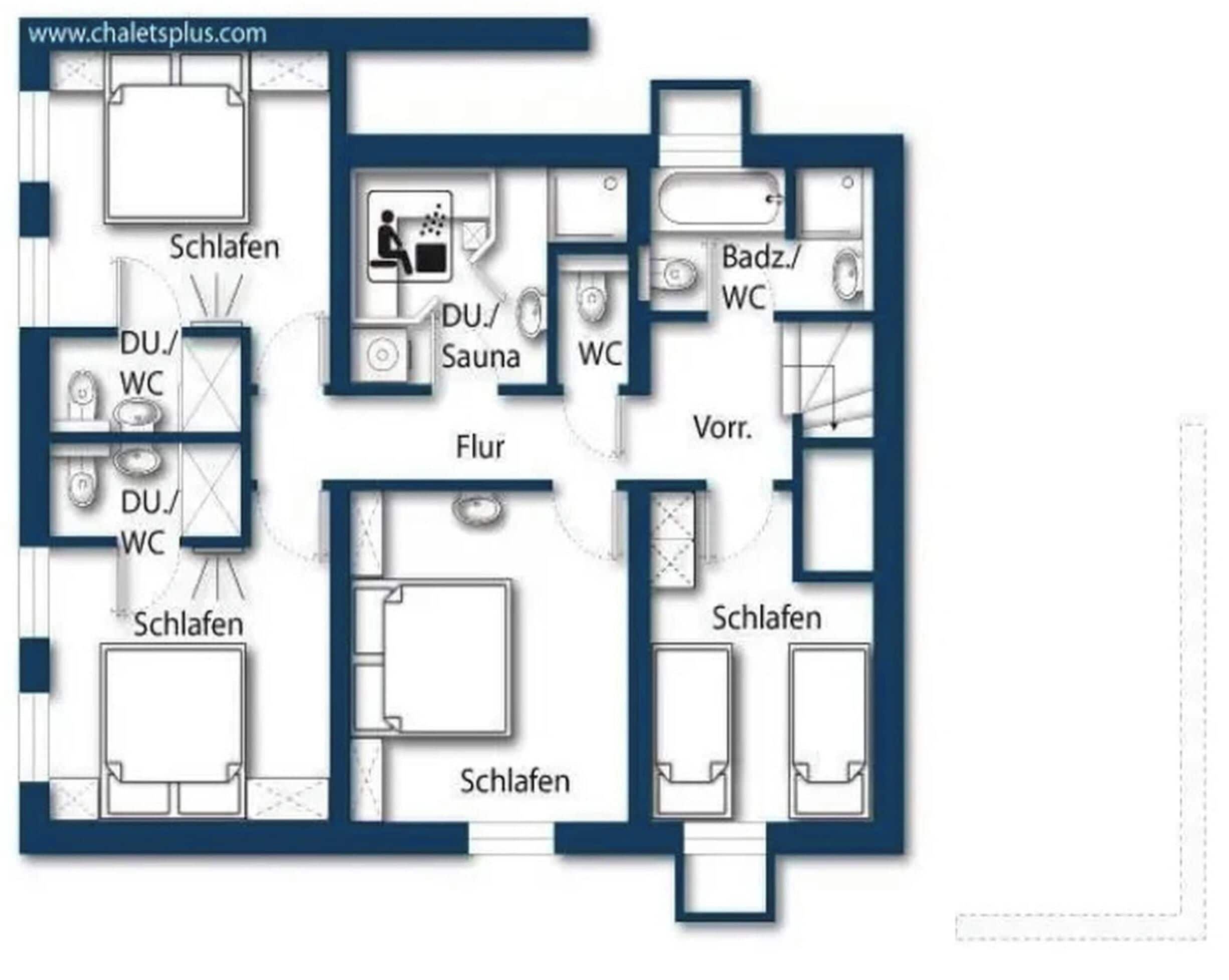 Un plan d’étage comprenant plusieurs salles de bains privatives, un sauna et une salle de bains séparée avec un bidet et des toilettes.
