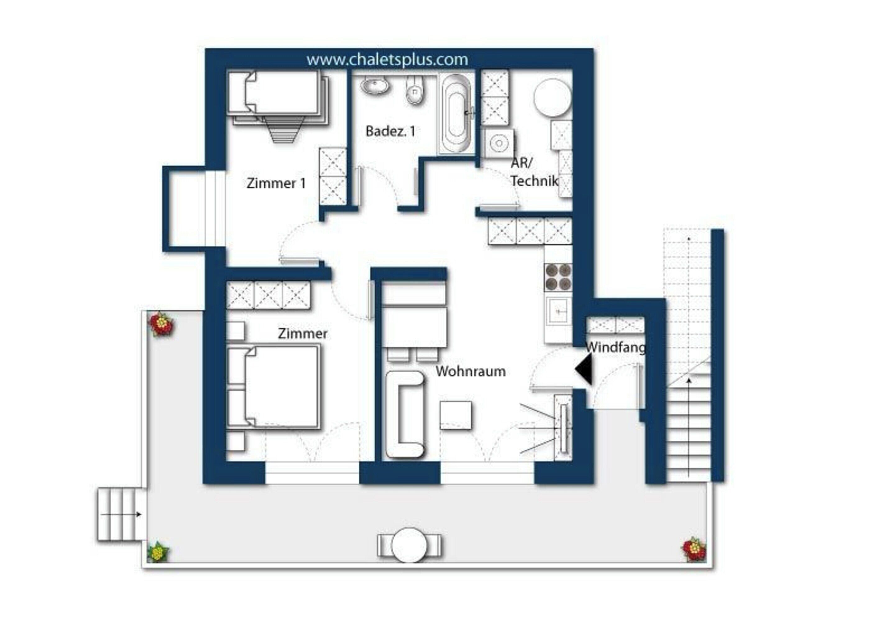A floor plan of a hotel with labeled rooms including a bedroom, bathroom, kitchen, and living room.