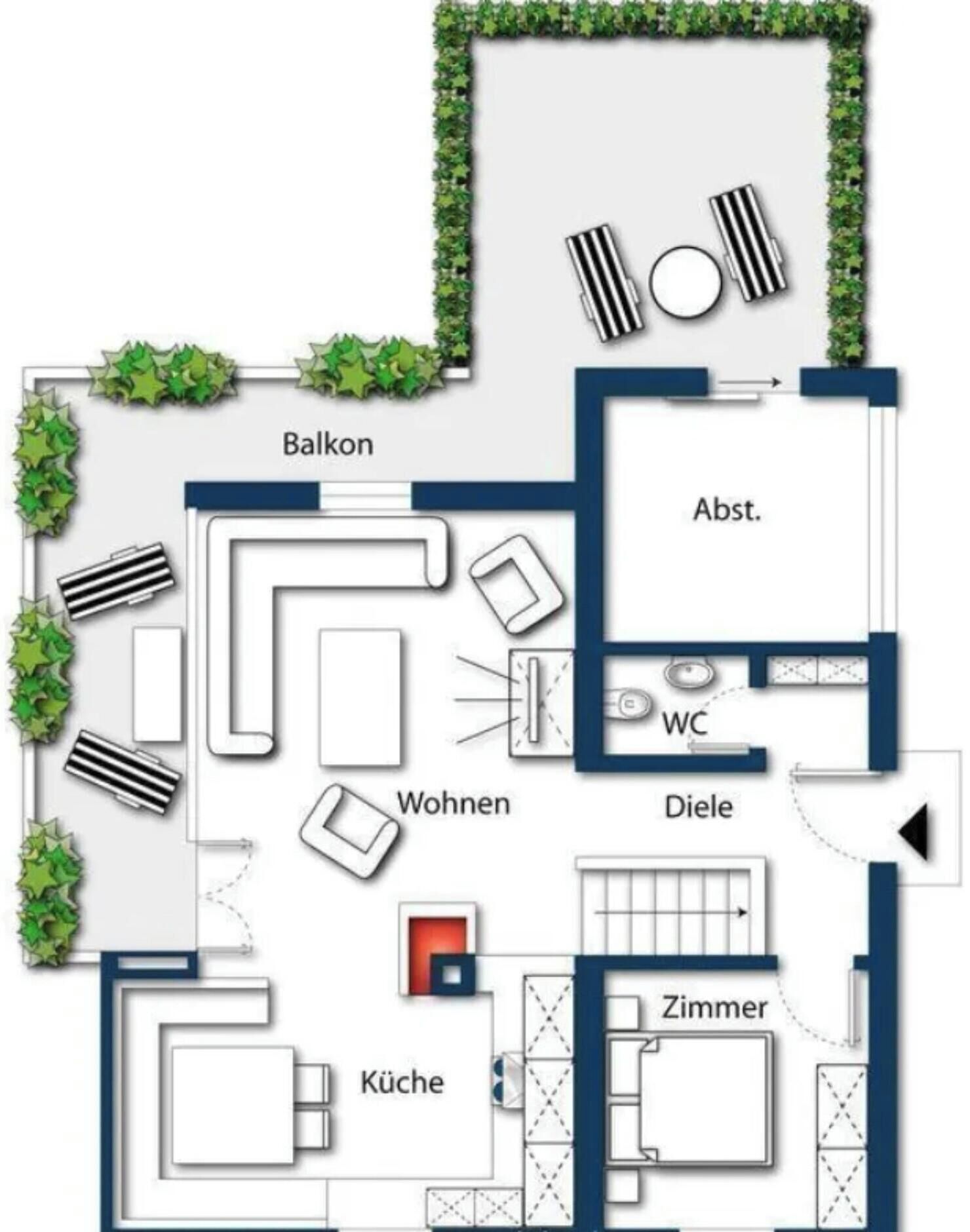 A floor plan with a balcony, living room, dining area, kitchen, bathroom, and separate bedroom.