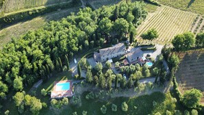Vista aérea de una propiedad con piscina, una casa grande y viñedos circundantes.