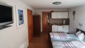 Un dormitorio con cama, televisor, un cuadro y una kitchenette con armarios y lavabo.