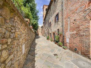 A narrow cobblestone street flanked by stone and brick buildings with small windows and balconies.