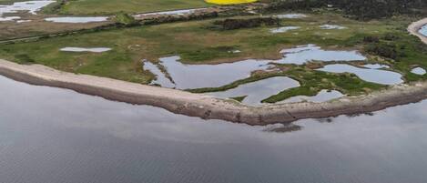 An aerial view of a coastal landscape with a sandy beach, green fields, and yellow crops.