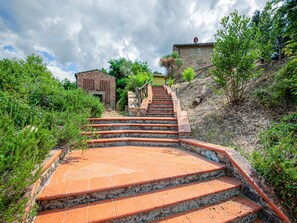 A set of stone steps leading up a hill, surrounded by greenery and a building with a sloped roof.