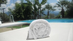 A poolside area with a white towel, a pool, and tropical vegetation. - Rustic Elegance Near Florence (Rignano sull'Arno)
