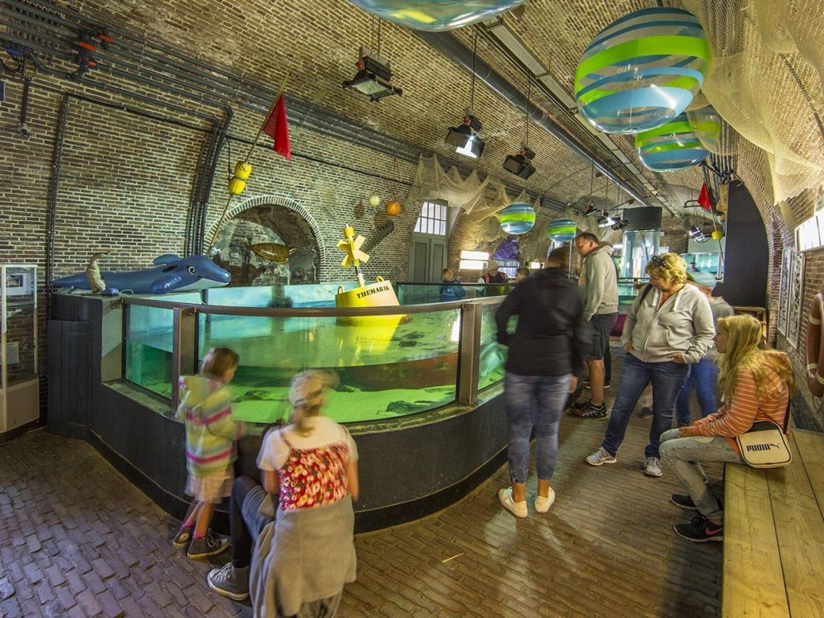 An indoor aquarium with a brick wall, glass viewing areas, and hanging spherical lights.