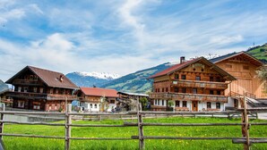 A traditional wooden chalet with a balcony, set against a backdrop of snow-capped mountains and a clear blue sky. - Apartment in Hainzenberg Near Ski Lift (Hainzenberg)
