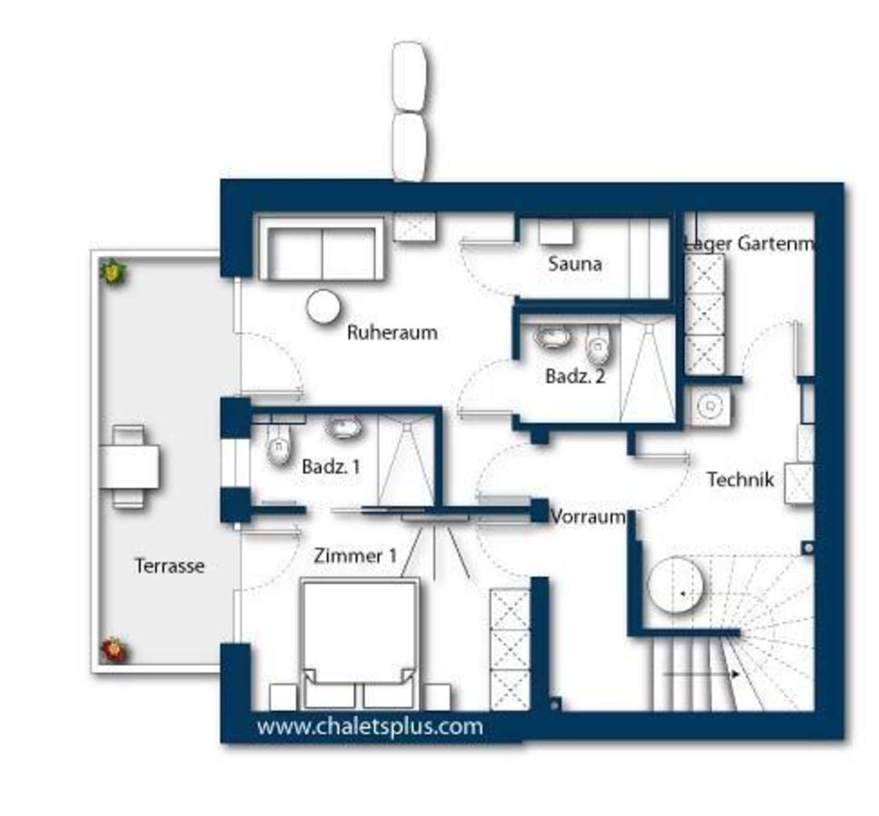 Ein Grundriss mit Wohnzimmer, zwei Schlafzimmern, einem Badezimmer, einer Sauna und einer Terrasse.