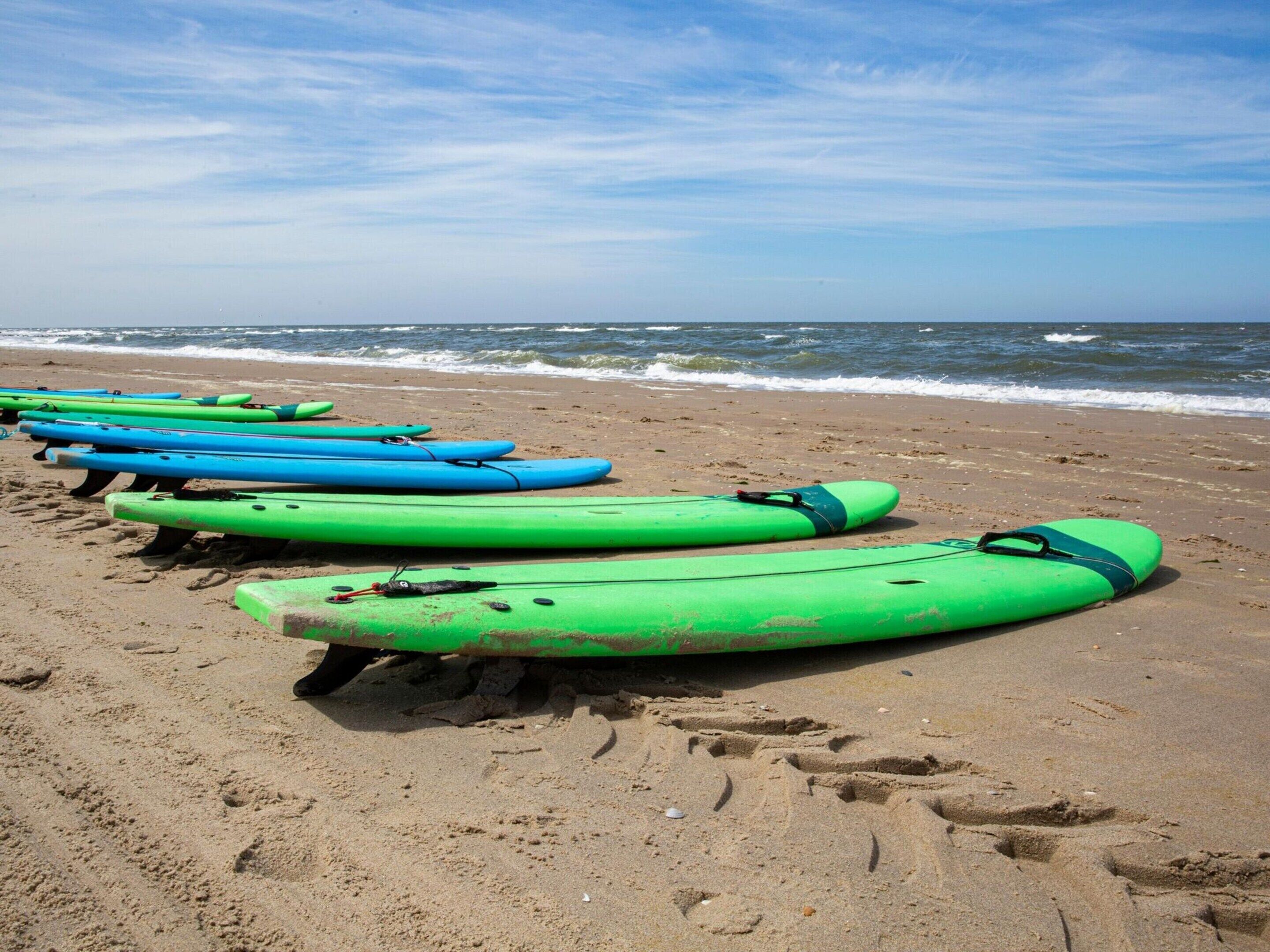 Several green kayaks lined up on a sandy beach with the ocean in the background.