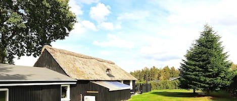 A rustic building with a thatched roof, a bench, and a picnic table in the foreground.