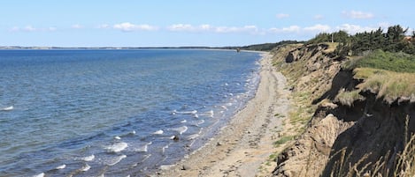 A coastal beach with a rocky shoreline and a clear view of the ocean.