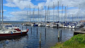 A marina with multiple sailboats docked, calm water, and a grassy shoreline. - Holiday Home in Ebeltoft (Ebeltoft)
