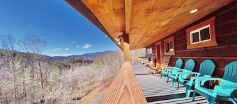 Sunset View over the Mountains! Rustic Cabin w/ Hot Tub