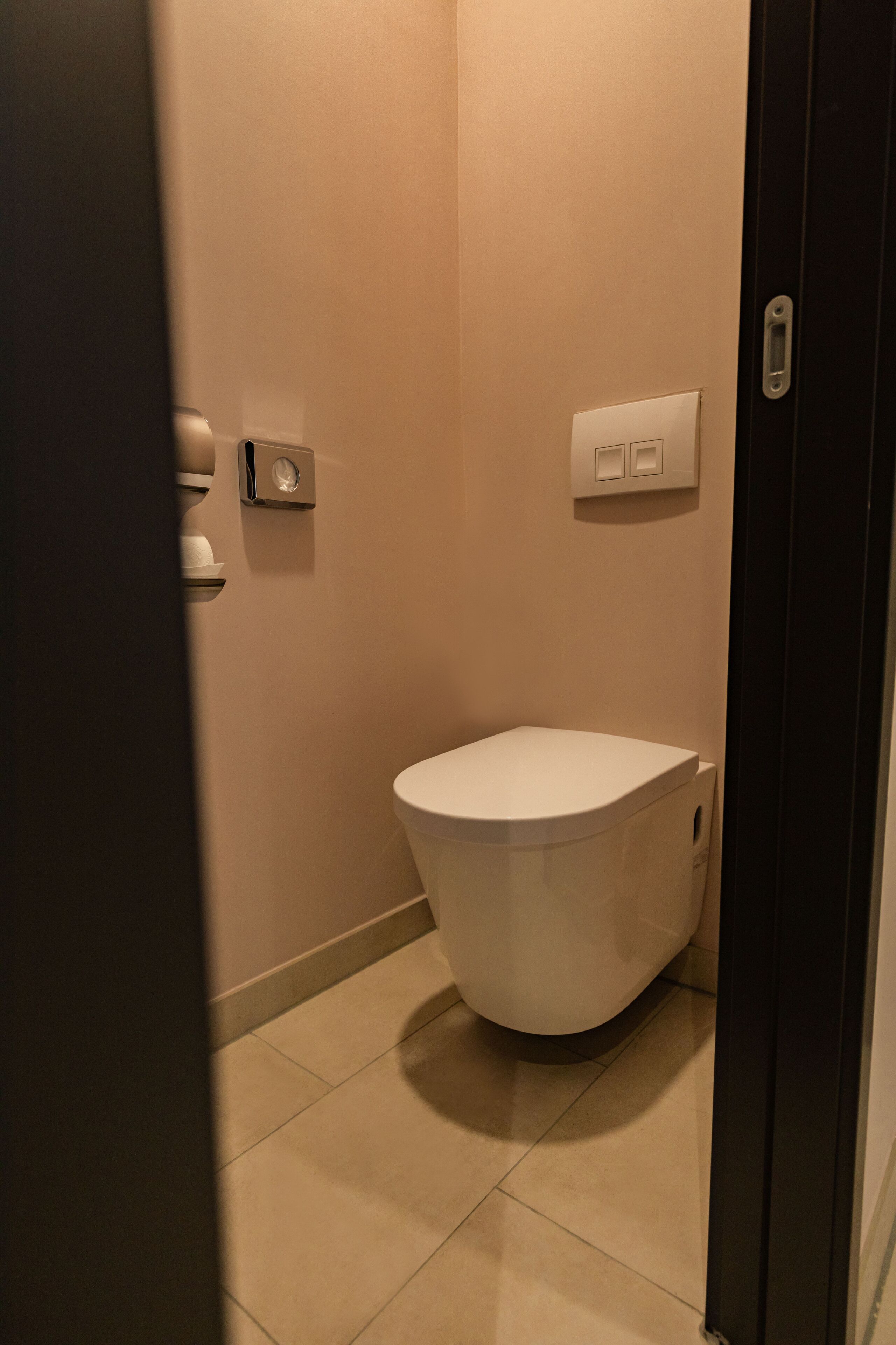 A small, private bathroom with a white toilet, a wall-mounted flush handle, and a light switch.