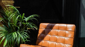 Una silla de cuero marrón con respaldo acolchado y patas de metal, ubicada junto a una planta en maceta.
