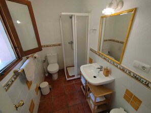 Shower, hair dryer, towels, toilet paper