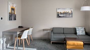 Down comforters, desk, laptop workspace, blackout drapes