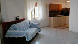 A small, cozy living room with a sofa, a kitchen area with wooden cabinets and a microwave, and a window with curtains. - Spacious and lovely house (Orosei)