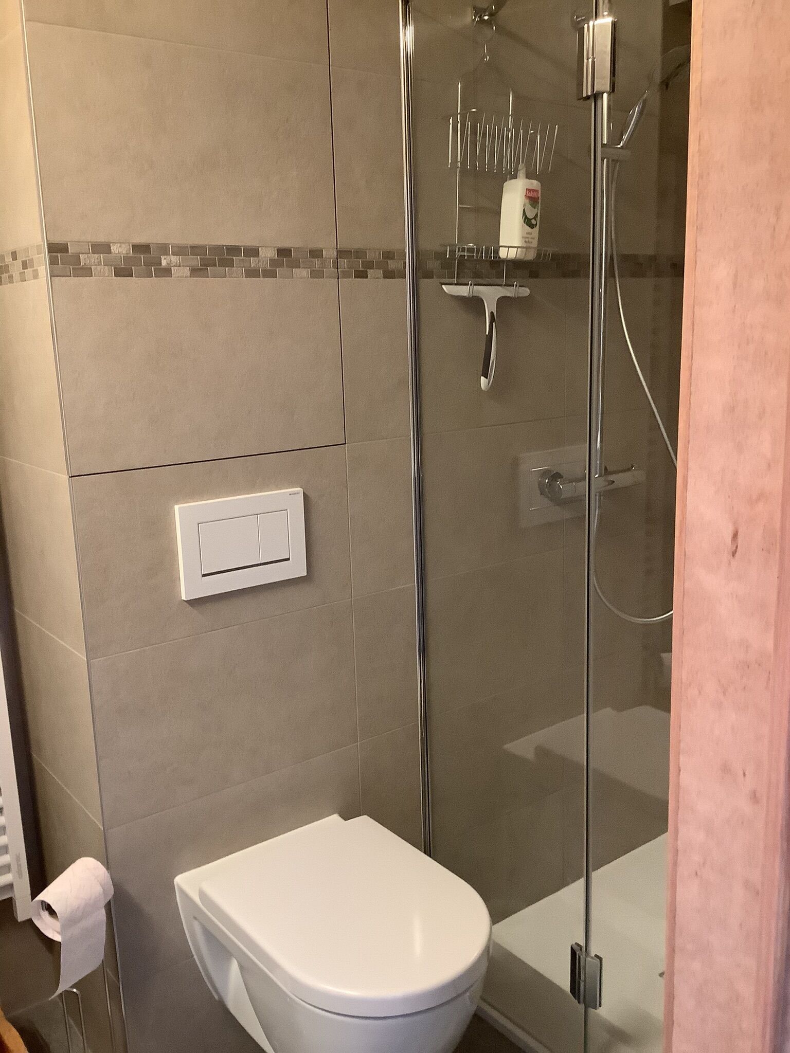 Un bagno moderno con doccia vetrata, un water bianco e un porta asciugamani.