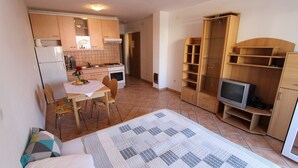 Un ambiente compatto con angolo cottura, zona pranzo e area TV.