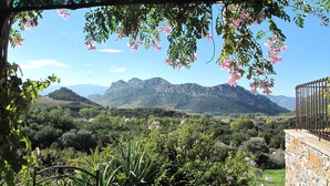 A mountainous landscape with a clear sky, lush greenery, and pink flowers. - Character house 120m2, 3 ***, Grand Site de France, 2 panoramic terraces (Patrimonio)