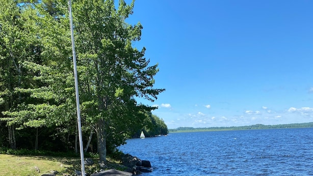Une vue sur le lac, avec une promenade en béton, une rambarde en métal et une rangée de chaises longues bleues et blanches.