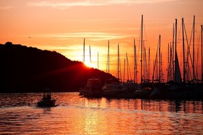 Guests can enjoy serene waterfront views from the marina, with sailboats docked along the shore.