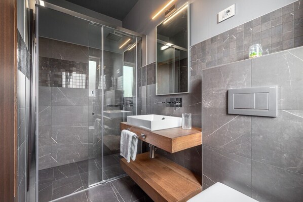 Shower, hair dryer, towels