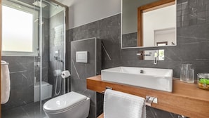 A modern bathroom with a glass shower enclosure, a white toilet, a vanity with a sink, and a mirror. - Oroz / Oroz Studio II (Porec)