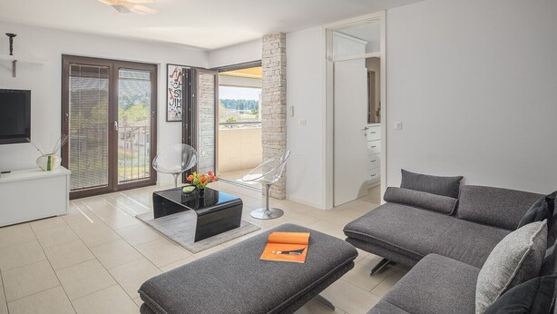 Una sala moderna con un sofá gris, una mesa de centro negra y una silla de vidrio. Hay un televisor sobre un mueble blanco, una puerta que da a un balcón y una pared con un cuadro enmarcado.