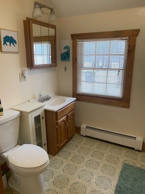 A bathroom with a toilet, sink, cabinet, mirror, and window with blinds. - Lakefront, family friendly home -Baseball campers! (Oneonta)