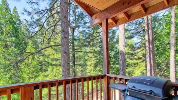 Une terrasse en bois avec un barbecue, entourée de grands arbres.