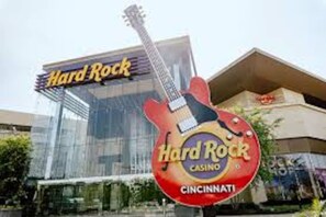 A Hard Rock Casino sign with a guitar graphic.