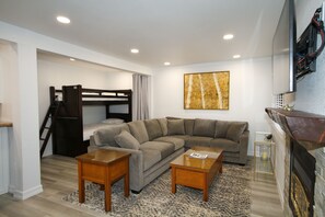 Flat-screen TV, fireplace